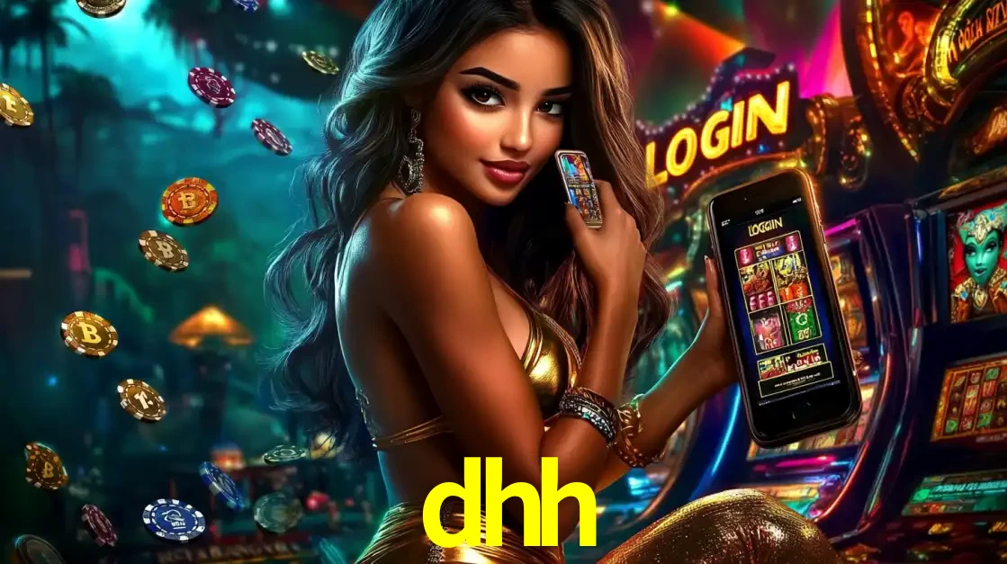 Mulher em um cenário de cassino temático de aventura, mostrando o app de caça-níqueis da dhh no celular. Fichas de apostas flutuam ao redor.